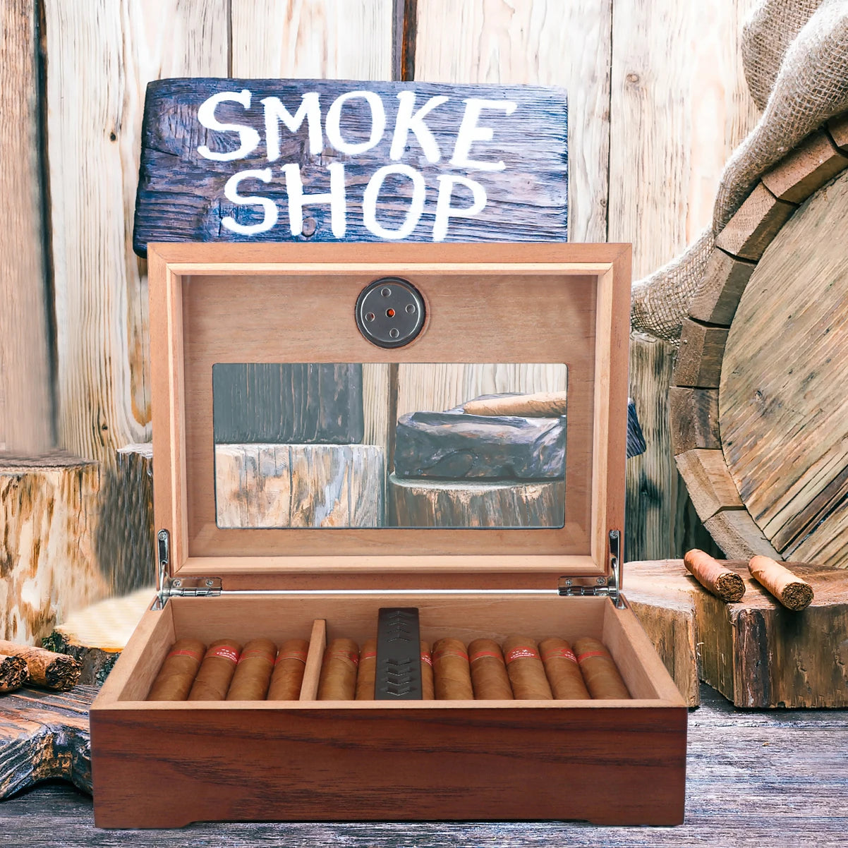 Hộp Đựng Cigar Bằng Gỗ Tuyết Tây Ban Nha, Có Thiết Bị Đo Độ Ẩm