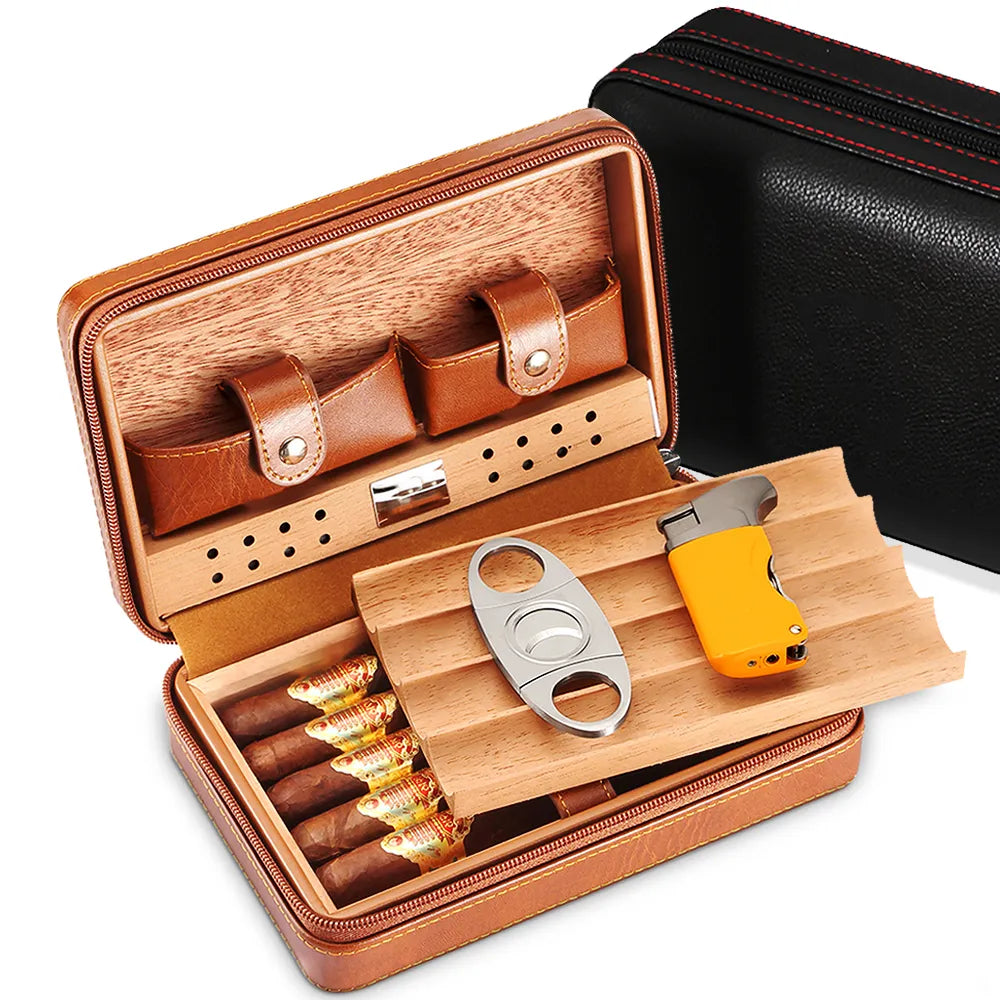 Bộ Hộp Cigar 3 Món ,Hộp Đựng, Đồ Cắt Và Bật Lửa, Da Cao Cấp